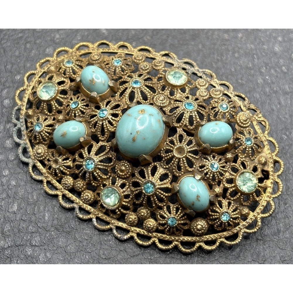 Vintage Filigree Brooch Faux Turquoise Cabochons Blue Rhinestones Gold Tone